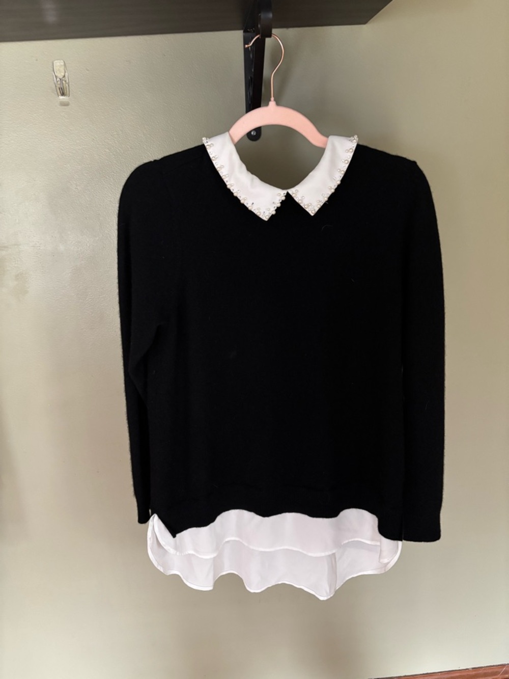 Charter Club Black Sweater with White Pearl Collar and Hem Layer
